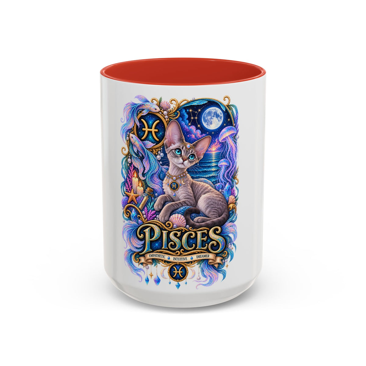 Pisces Devon Rex Cat Accent Coffee Mug — Zodiac Astrology Ceramic Mug (11/15oz)