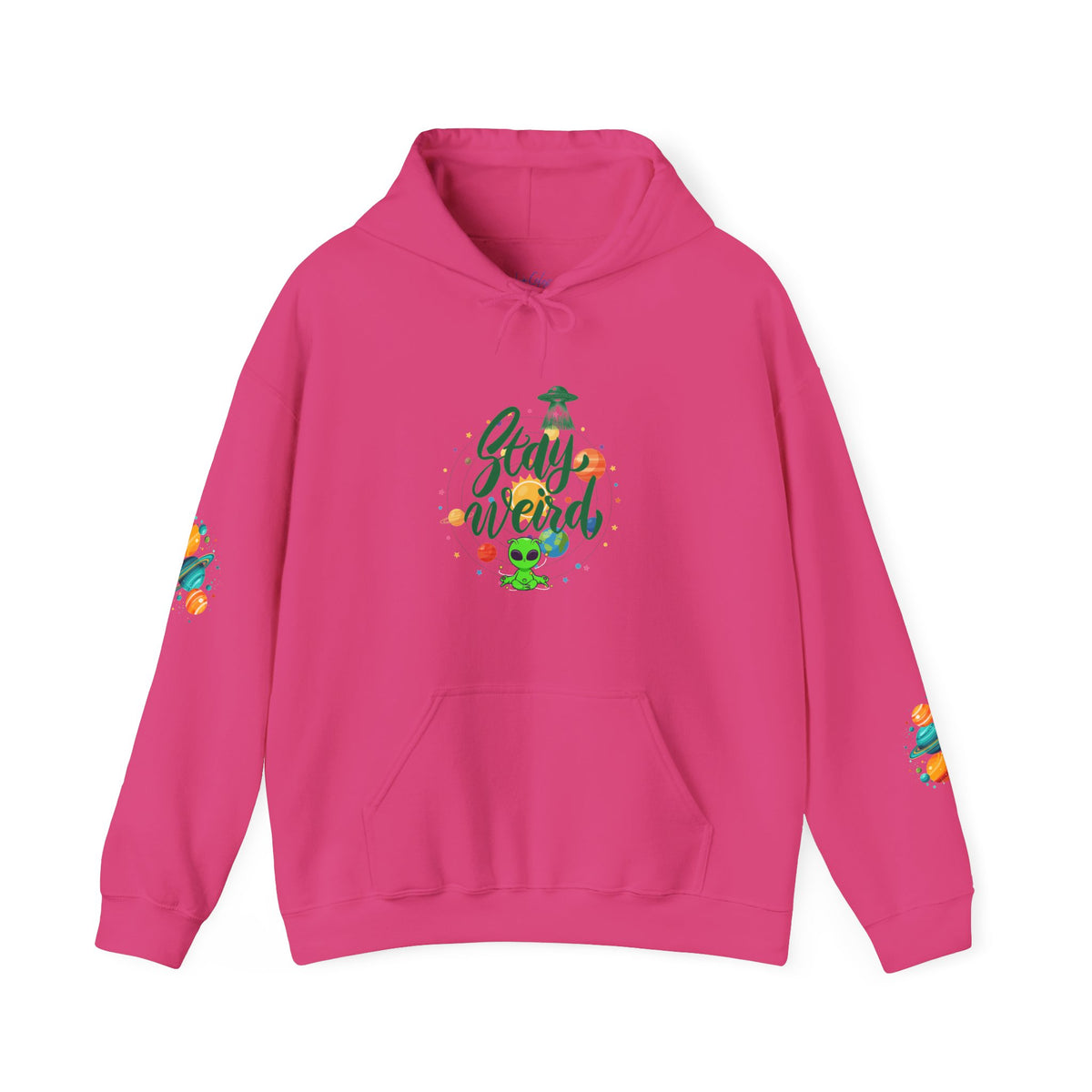 Stay Weird Premium Hoodie | Alien & Space Graphic Hoodie | Front, Back & Sleeve Print | Boutique UFO Apparel