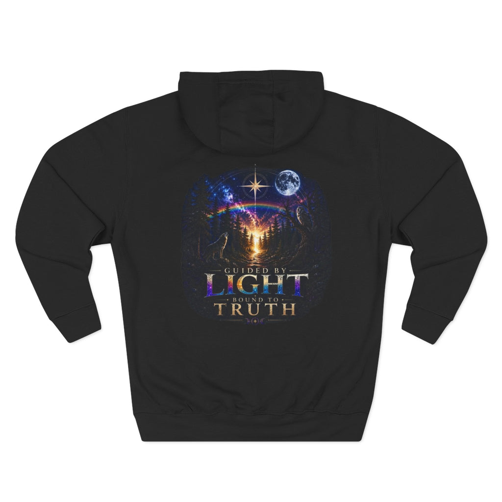 Guided by Light Bound toTruth Fleece Hoodie — Spiritual Galaxy Chest Emblem & Backscape Design