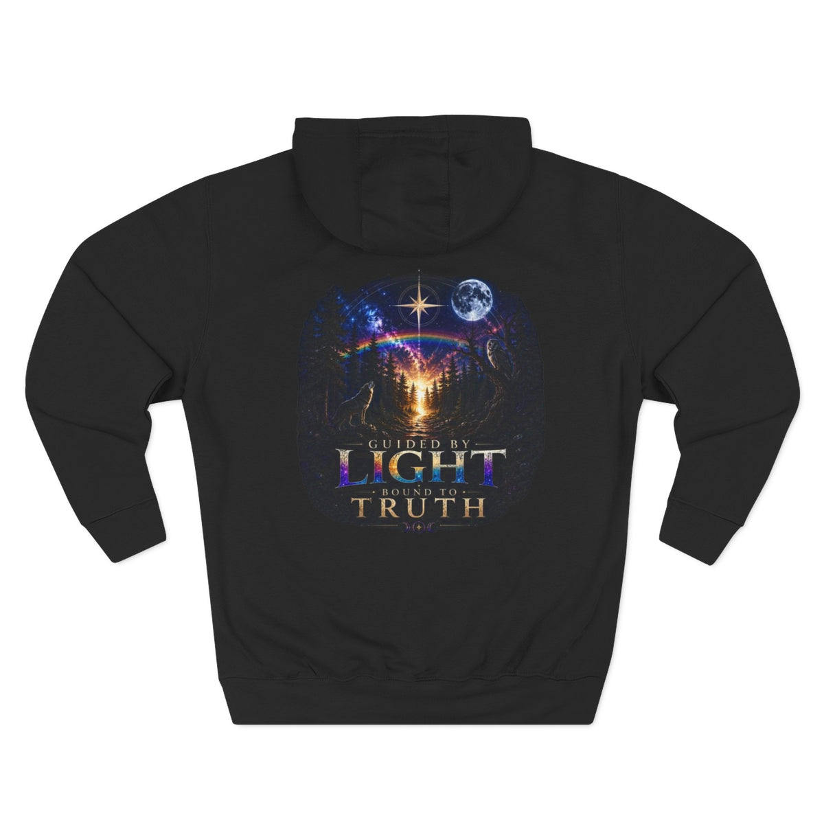 Guided by Light Bound toTruth Fleece Hoodie — Spiritual Galaxy Chest Emblem & Backscape Design