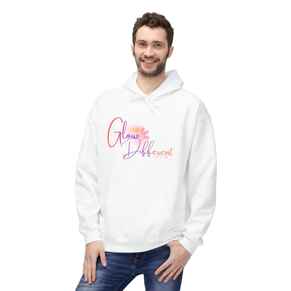 Glow Different Hoodie — Pastel Brush Script Inspirational Pullover