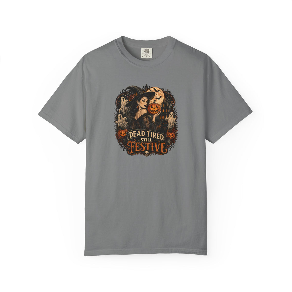 Halloween Graphic T-Shirt — "Dead Tired but Festive" Vintage Horror Pumpkin Tee