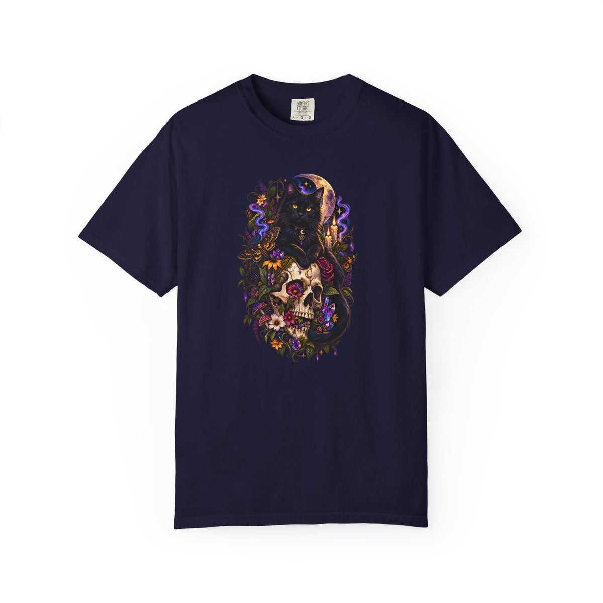 Skull & Black Cat Gothic T-Shirt — Dark Floral Day of the Dead Style