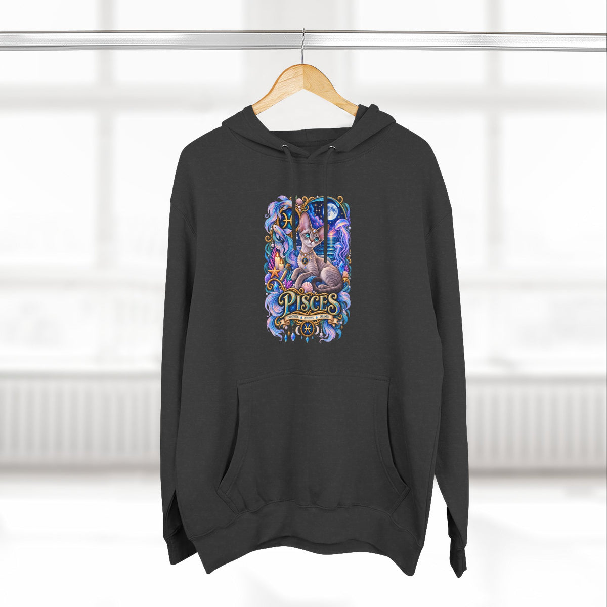 Pisces Zodiac Devon Rex Cat Hoodie — Mystical Watercolor Fish Astrology Pullover