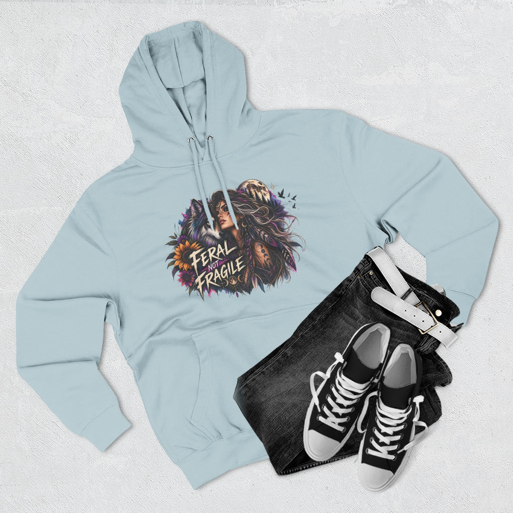 Feral Not Fragile Wolf & Woman Graphic Hoodie — Wildlife Fleece Pullover