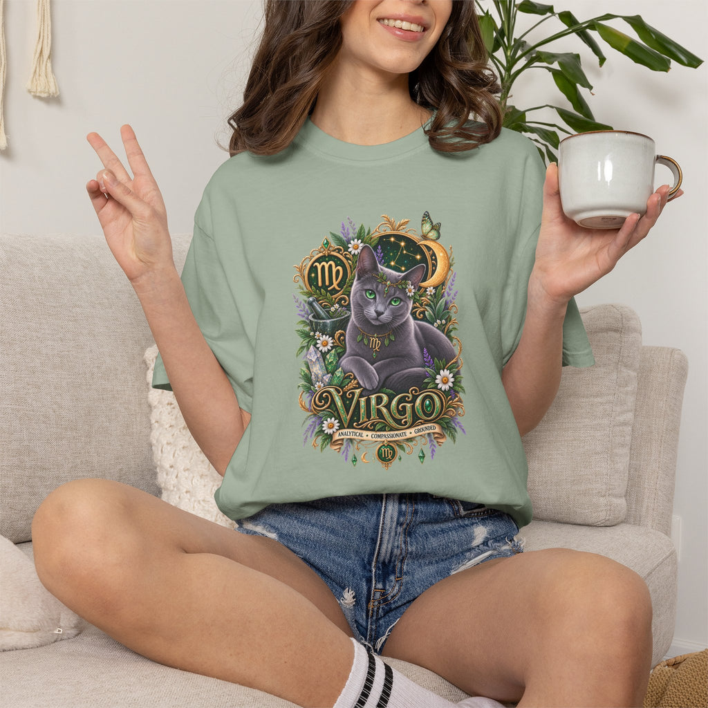 Virgo Cat Zodiac T-Shirt — Virgo Astrology Tee with Russian Blue & Floral Design