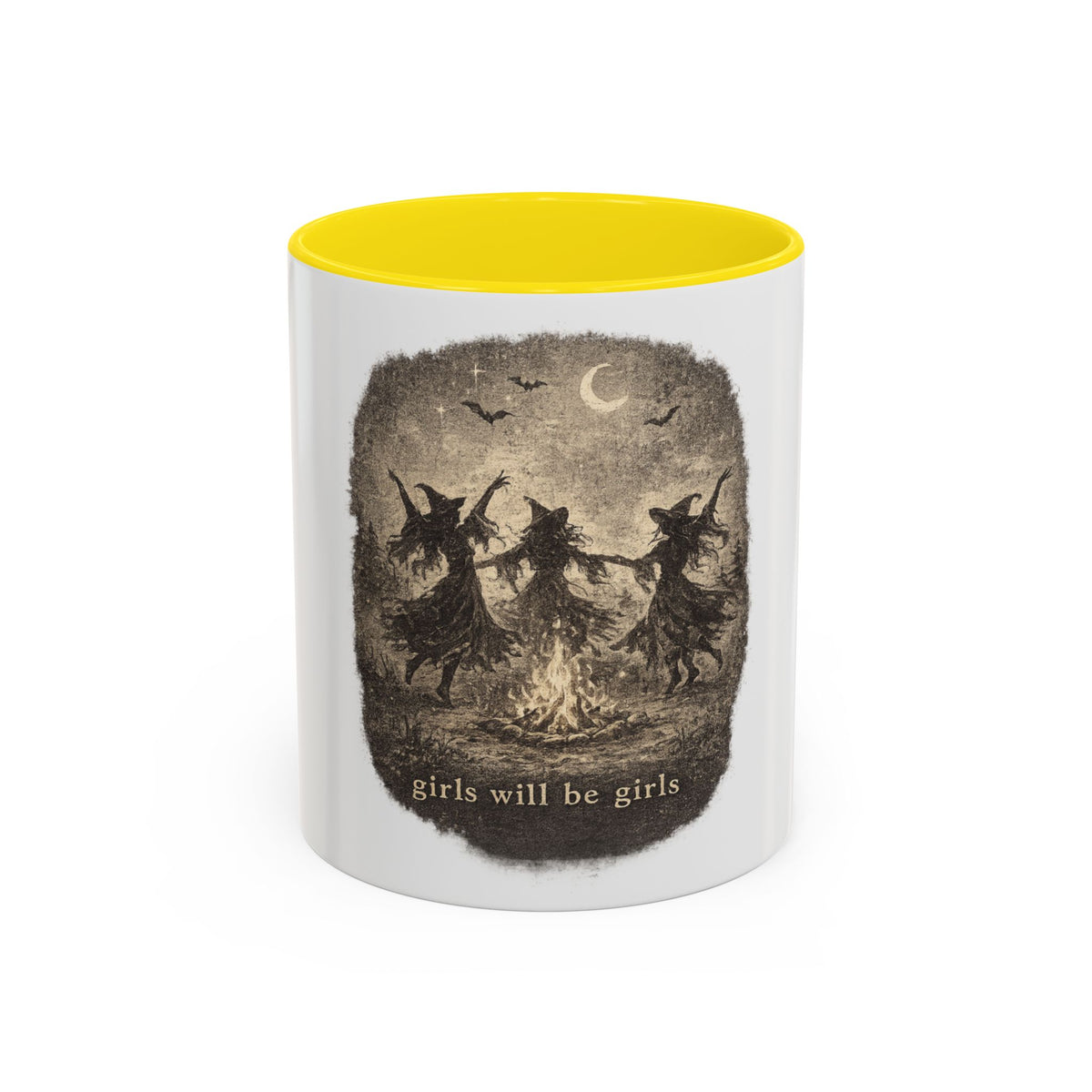 Witch Circle Coffee Mug — "Girls Will Be Girls" Vintage Halloween Accent Mug
