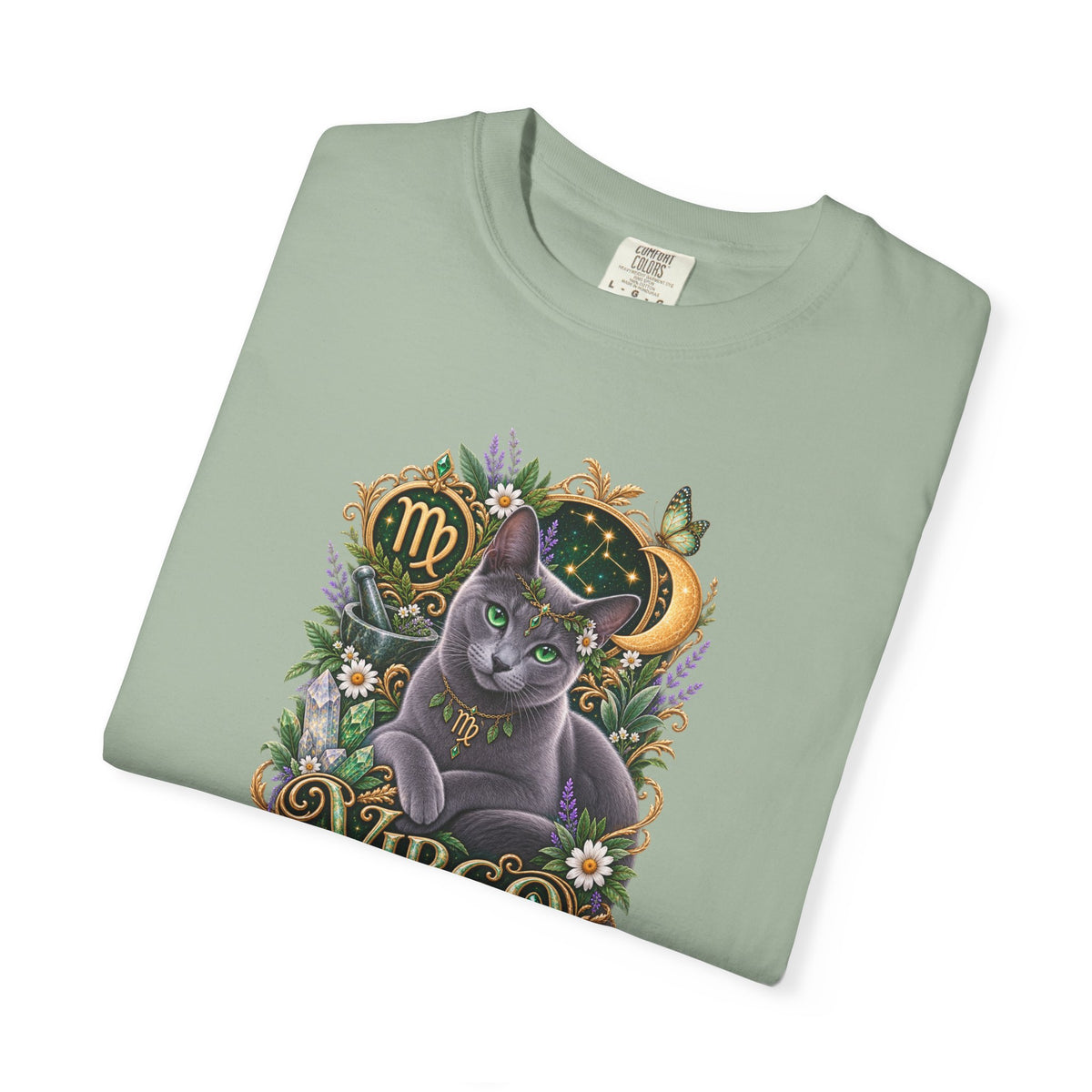 Virgo Cat Zodiac T-Shirt — Virgo Astrology Tee with Russian Blue & Floral Design