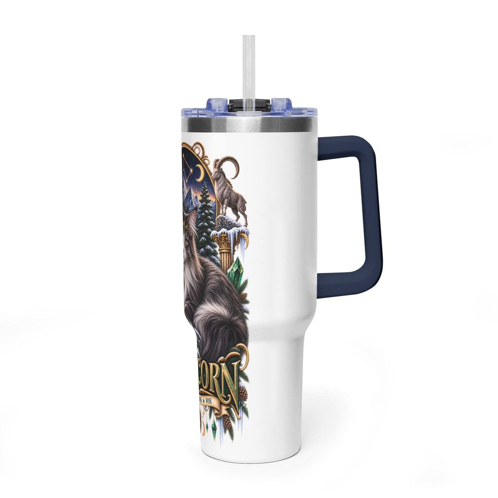Capricorn Norwegian Forest Cat 40oz Vacuum Tumbler — Zodiac Travel Mug with Handle