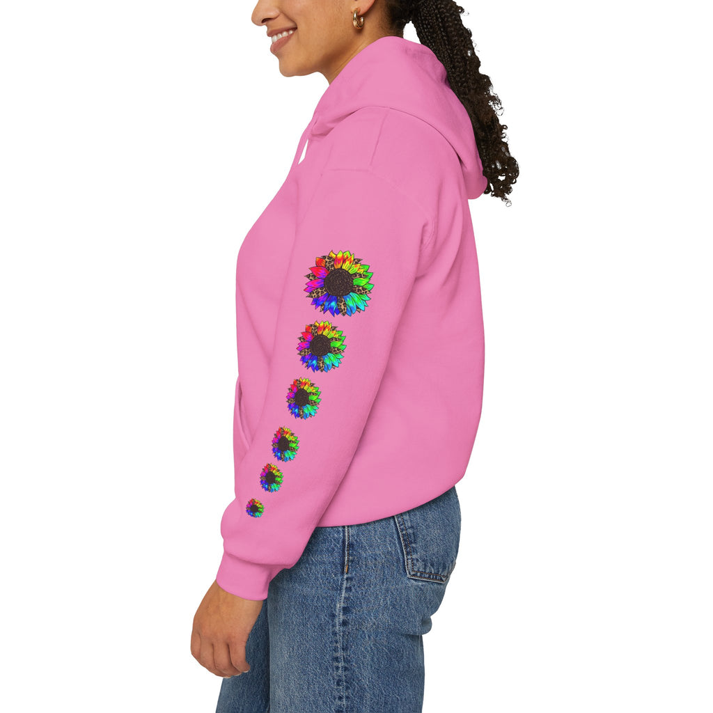 Inspirational Floral Hoodie – "Your Smile is Kind & Beautiful" Rainbow Sunflower Cozy Pullover