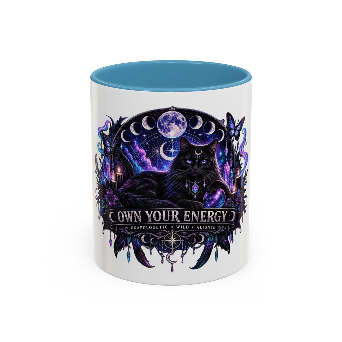 Own Your Energy Black Cat Coffee Mug – Spiritual Moon Phase Tea Cup