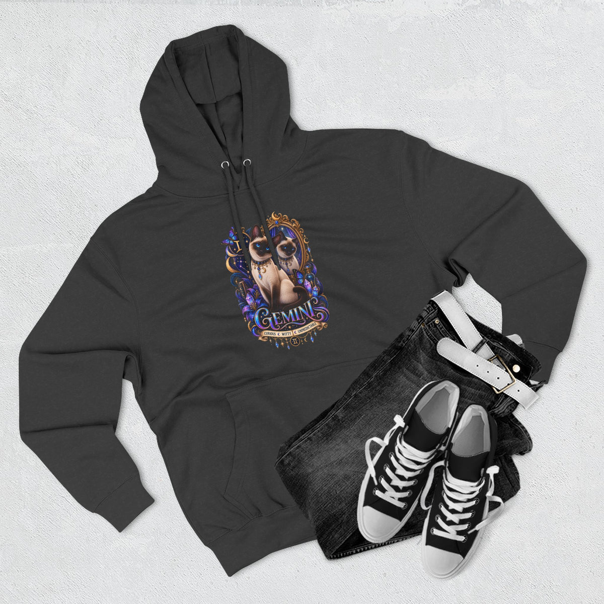 Gemini Siamese Zodiac Hoodie — Mystical Celestial Cat Astrology Design