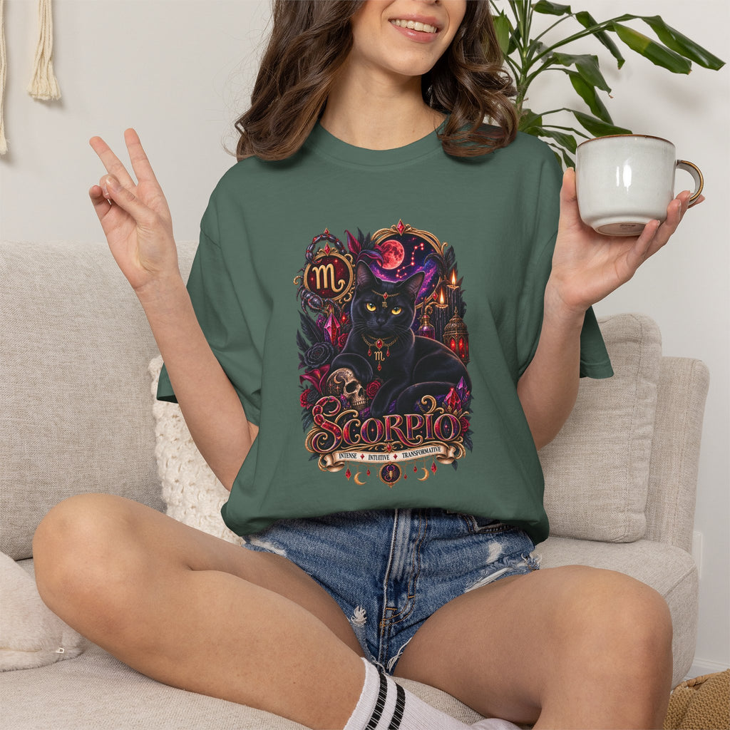 Scorpio Black Cat Zodiac T-Shirt — Dark Mystical Scorpio Graphic Tee