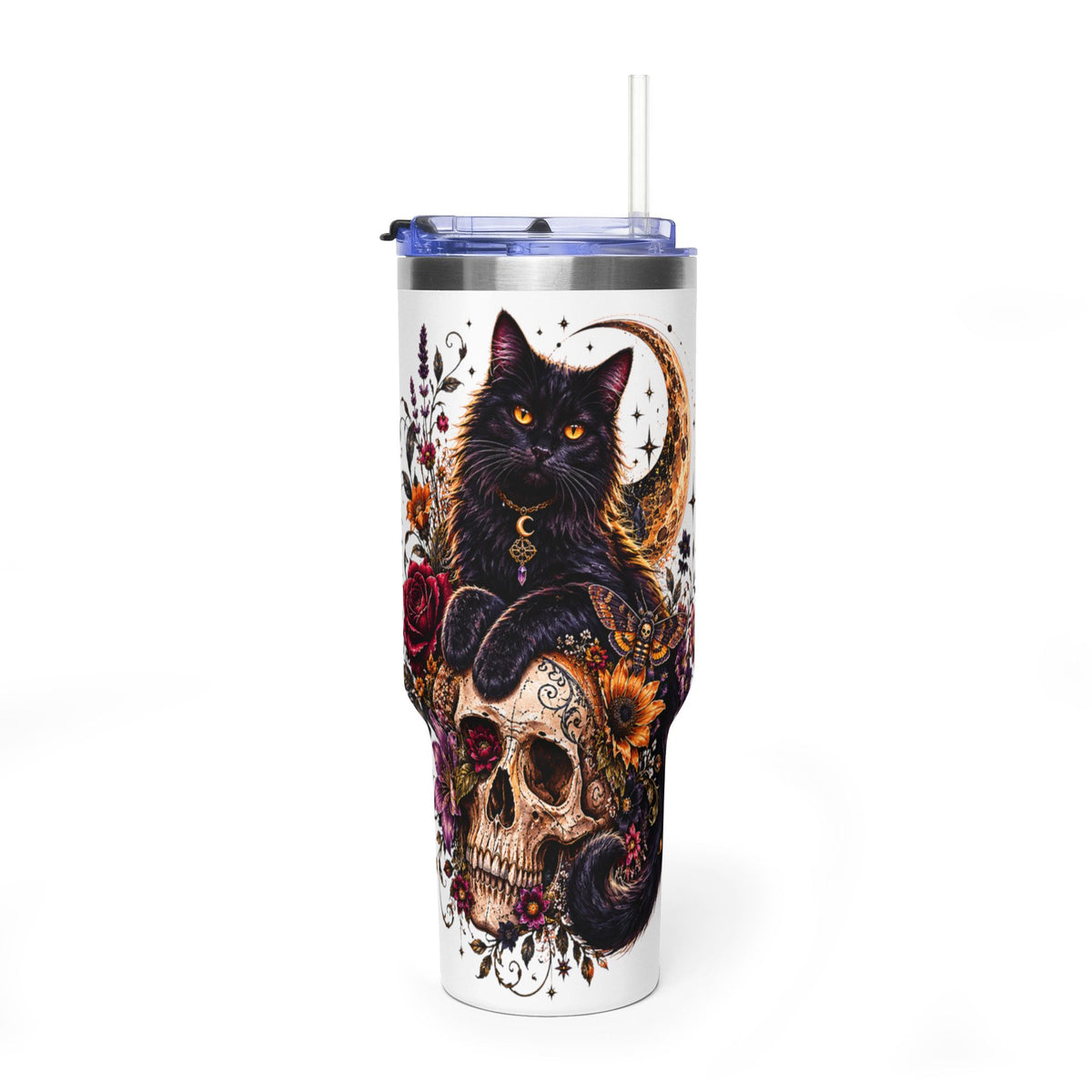 40oz Skull & Black Cat Tumbler – Day of the Dead Floral Vacuum Travel Mug