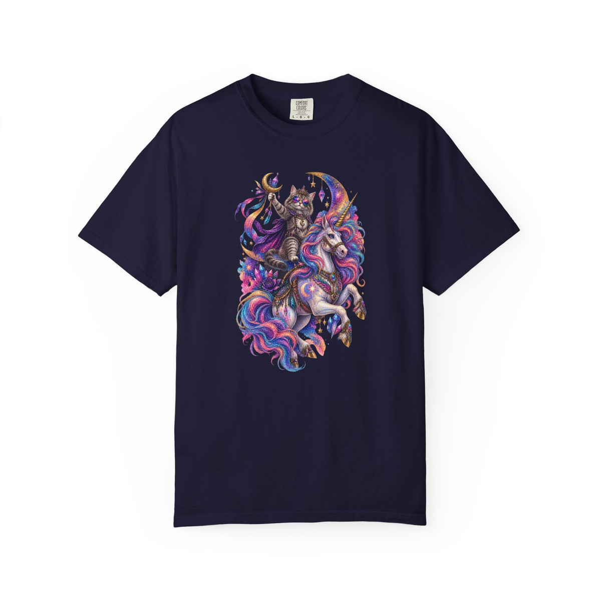 Cat Riding a Mystical Unicorn Horse Graphic T-Shirt — Colorful Cosmic Mane Art Tee