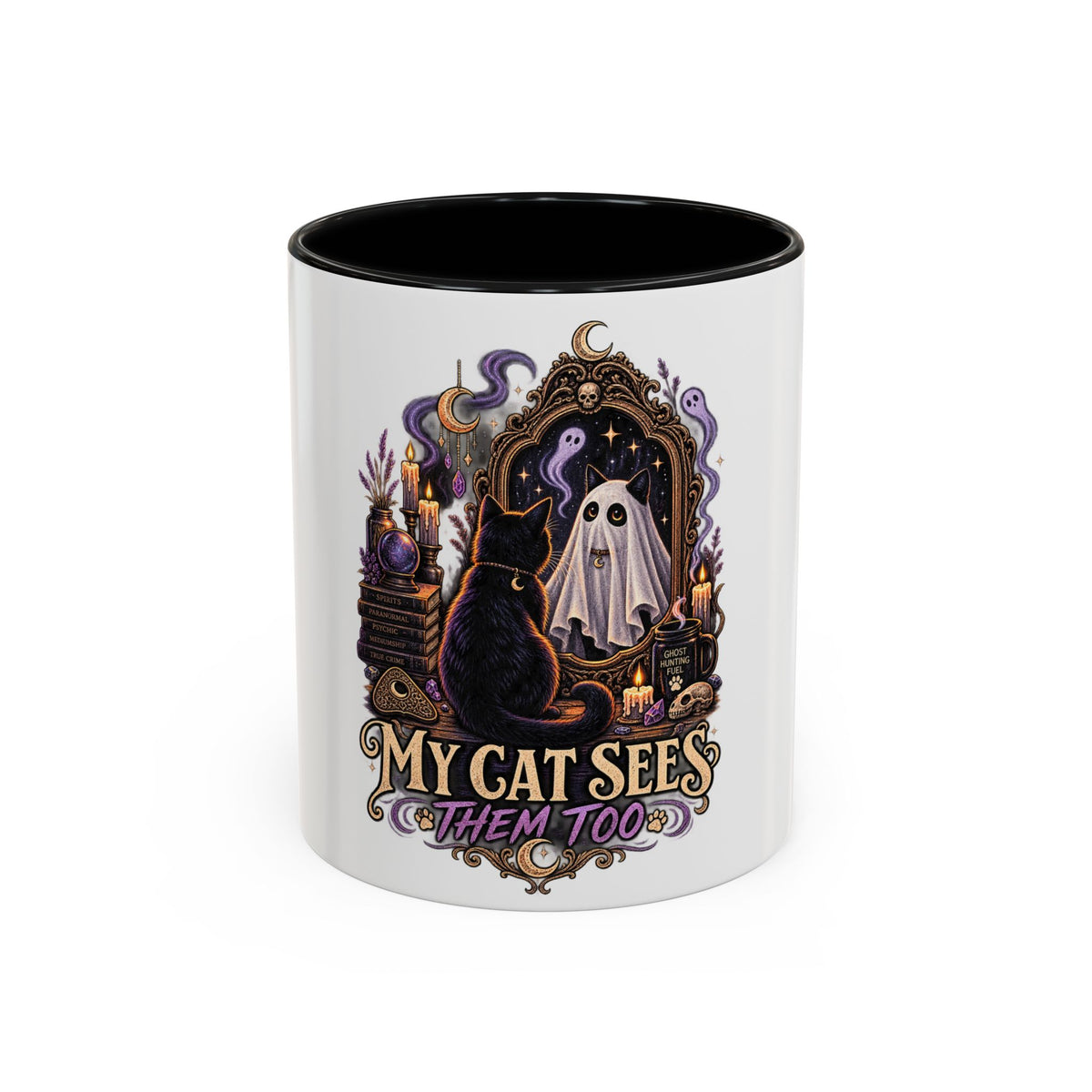 My Cat Sees Them Too Accent Coffee Mug – Halloween Cat & Ghost 11/15oz