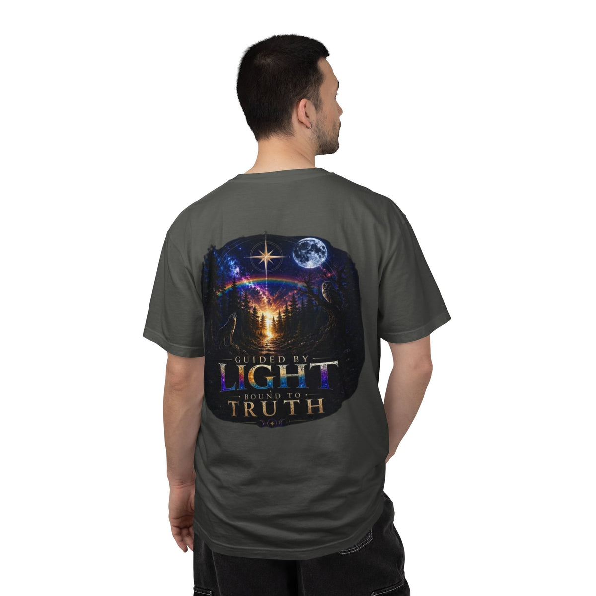T-Shirt — "Guided by Light, Bound to Truth" Cosmic Forest Graphic