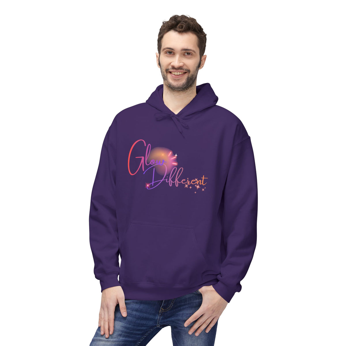 Glow Different Hoodie — Pastel Brush Script Inspirational Pullover