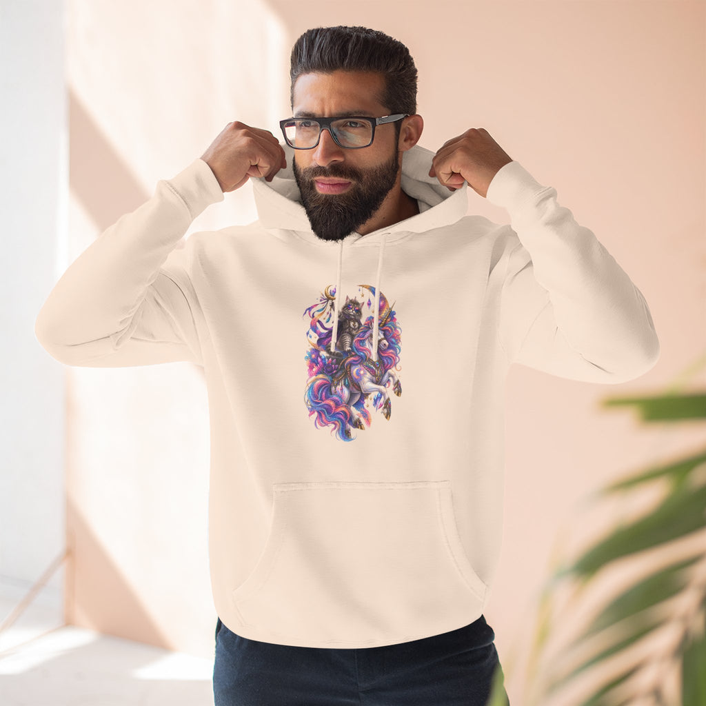 Colorful Cosmic Cat Riding a Unicorn — Vibrant Nebula Graphic Pullover