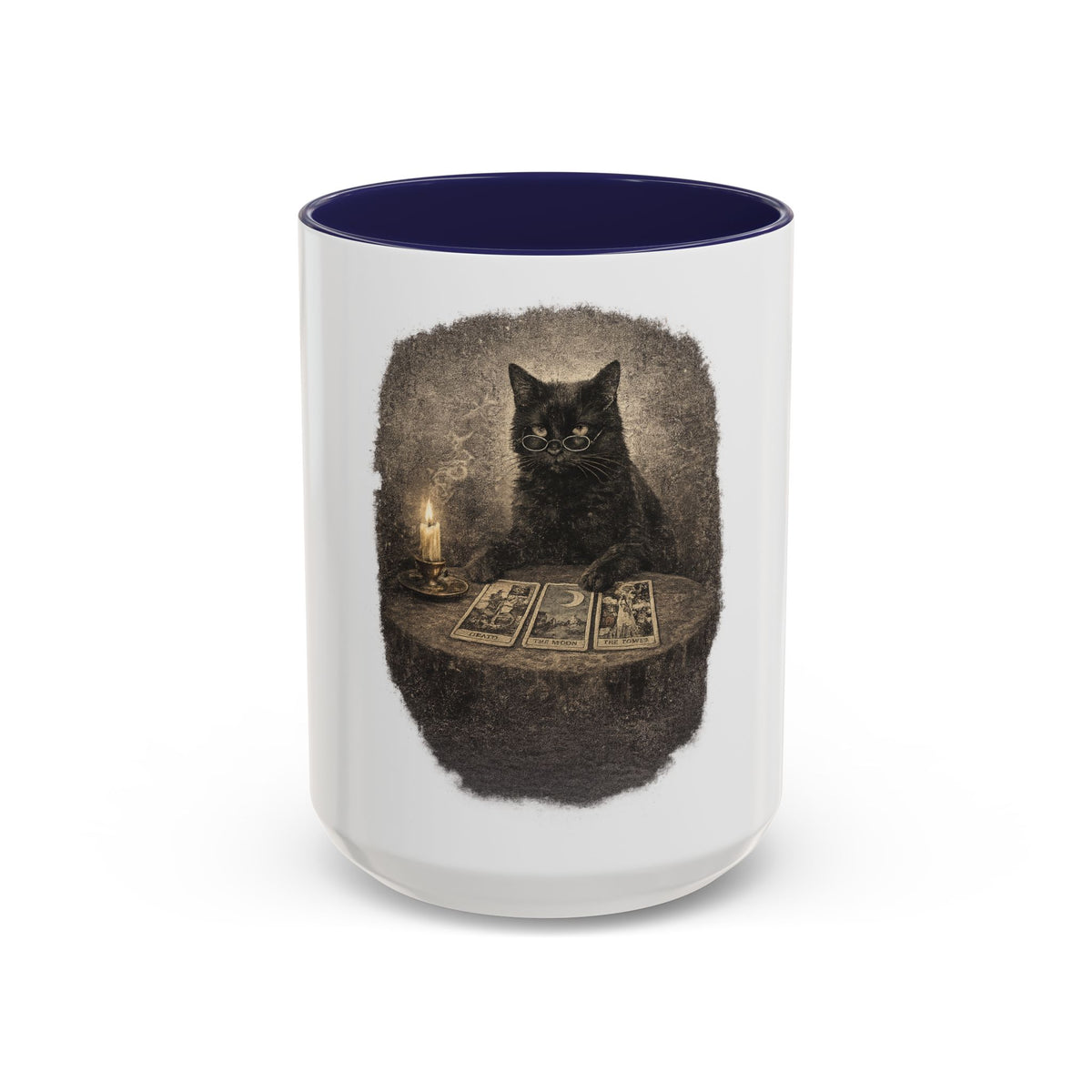 Tarot Cat Accent Coffee Mug — Witchy Black Cat with Tarot Cards