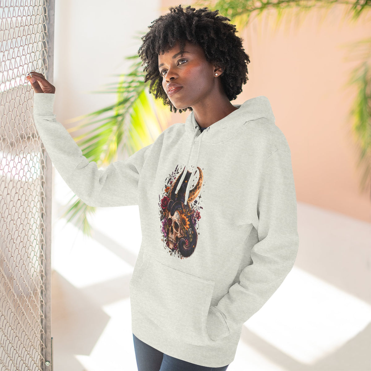Skull & Cat Hoodie — Romantic Gothic Celestial Moon Graphic Fleece Pullover