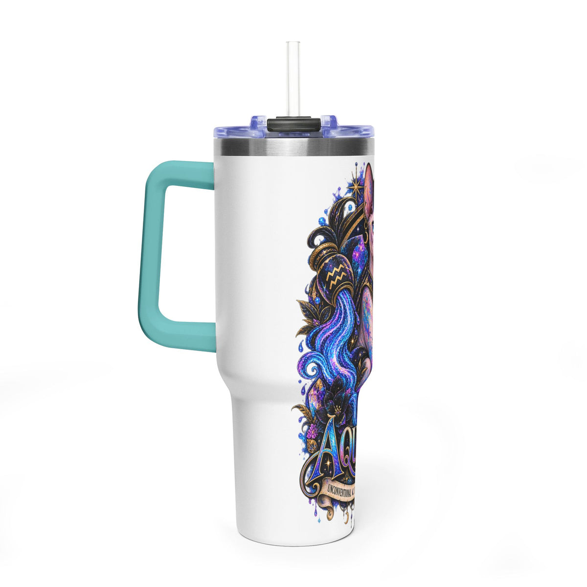 40oz Aquarius Zodiac Tumbler — Sphynx Cat Astrology Vacuum Thermal Cup