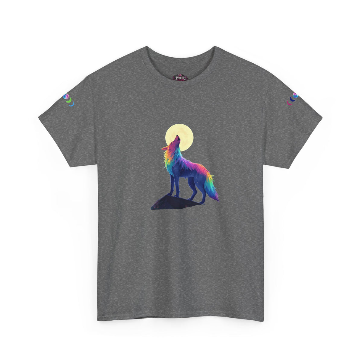 Wolf Moon T‑Shirt — Rainbow Celestial Wolf Graphic Tee