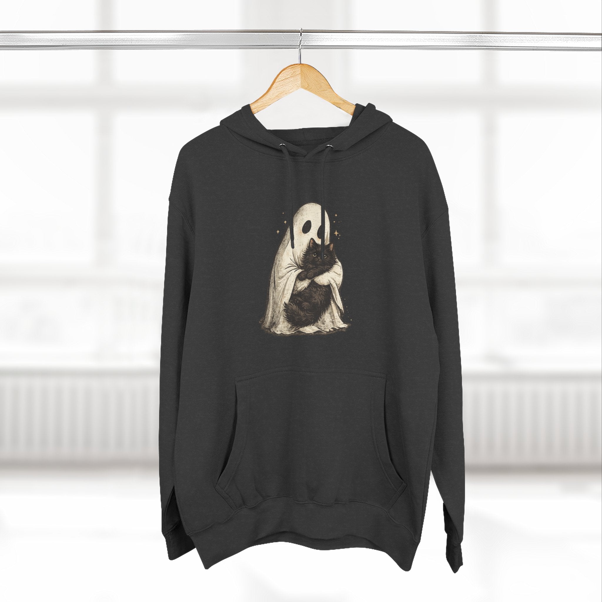 Ghost Hugging Black Cat Fleece Hoodie — Cute Ghost Hugging Black Cat Cozy Pullover