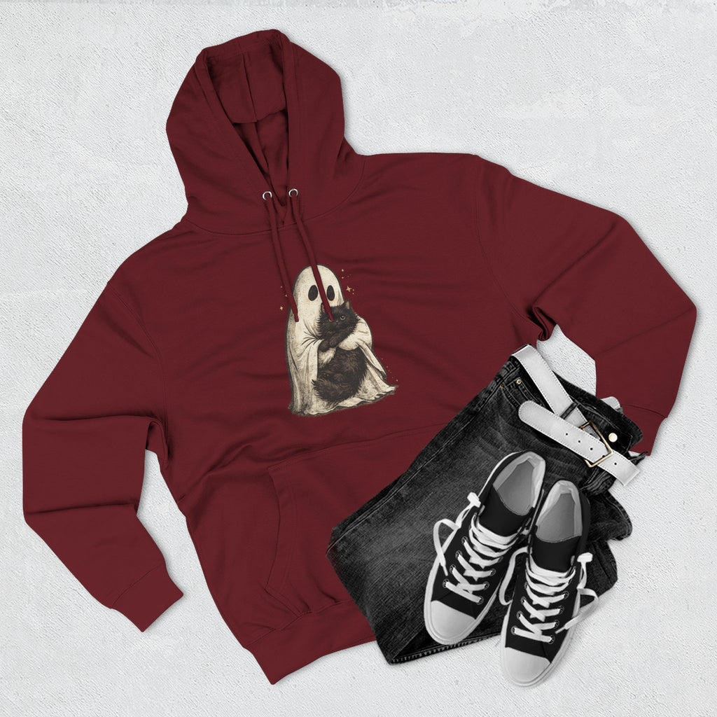 Ghost Hugging Black Cat Fleece Hoodie — Cute Ghost Hugging Black Cat Cozy Pullover