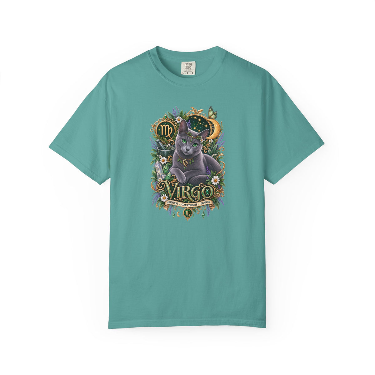 Virgo Cat Zodiac T-Shirt — Virgo Astrology Tee with Russian Blue & Floral Design
