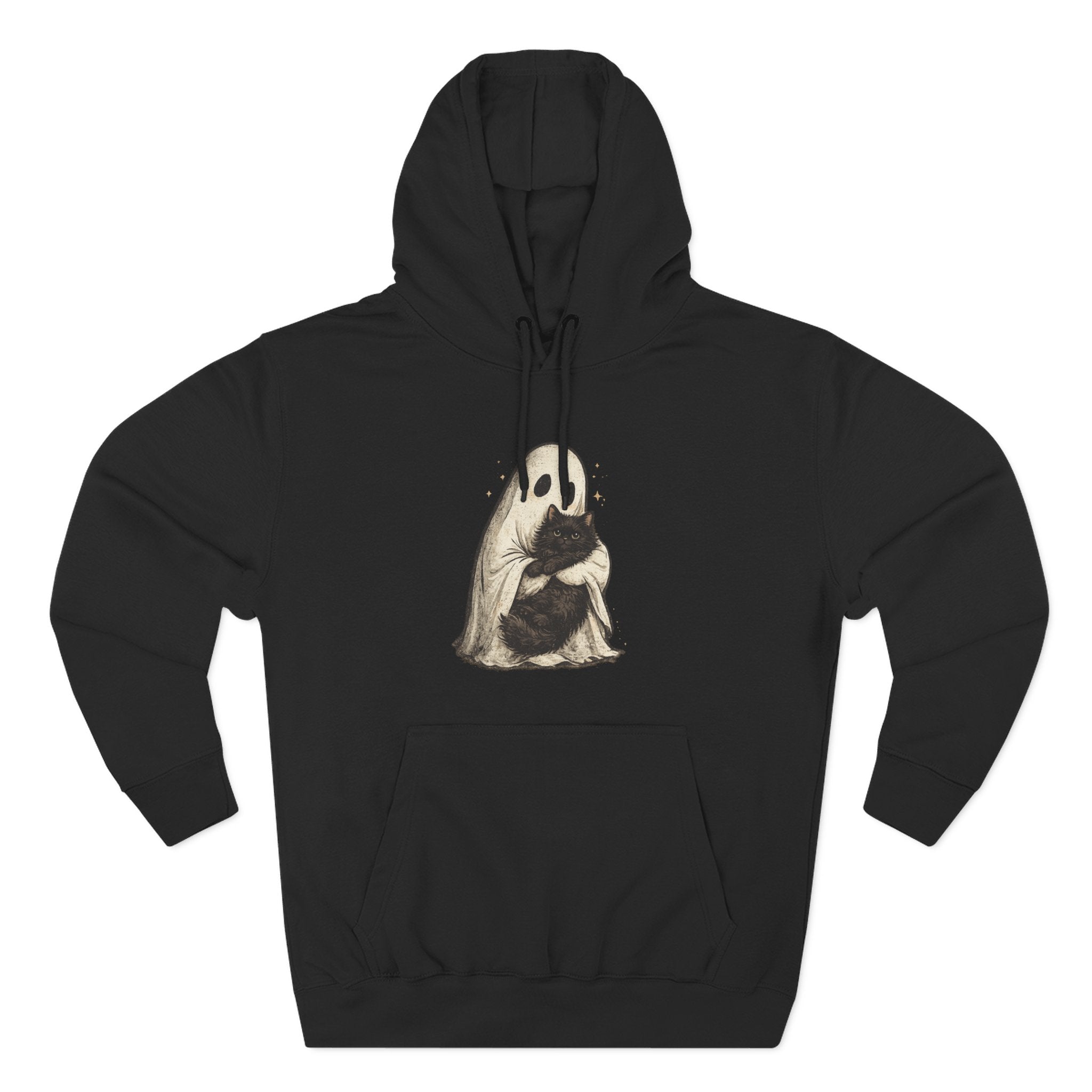 Ghost Hugging Black Cat Fleece Hoodie — Cute Ghost Hugging Black Cat Cozy Pullover