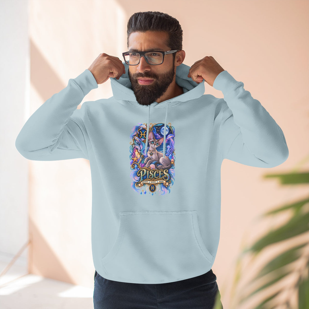 Pisces Zodiac Devon Rex Cat Hoodie — Mystical Watercolor Fish Astrology Pullover