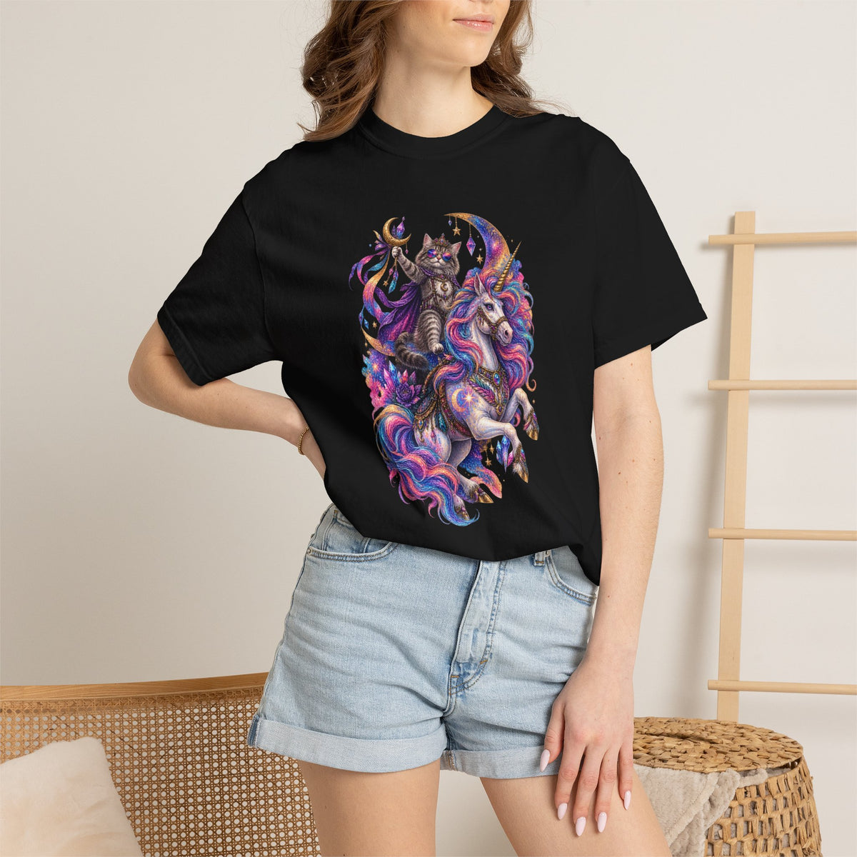 Cat Riding a Mystical Unicorn Horse Graphic T-Shirt — Colorful Cosmic Mane Art Tee