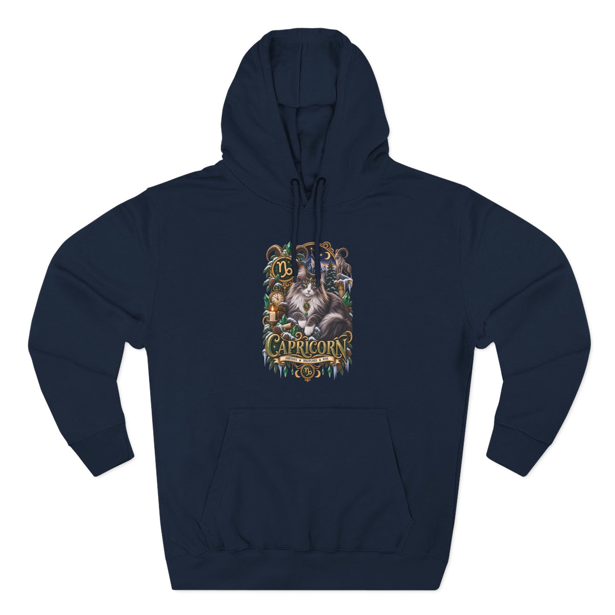 Capricorn Norwegian Forest Cat Zodiac Graphic Hoodie — Mystic Goat Astrology Sweatshirt