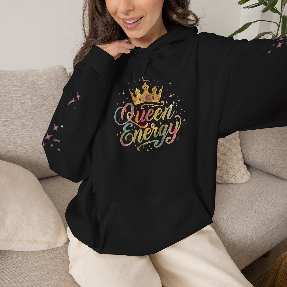 Queen Energy Hoodie — Feminine Crown Graphic Pullover with Star Sleeve Accents