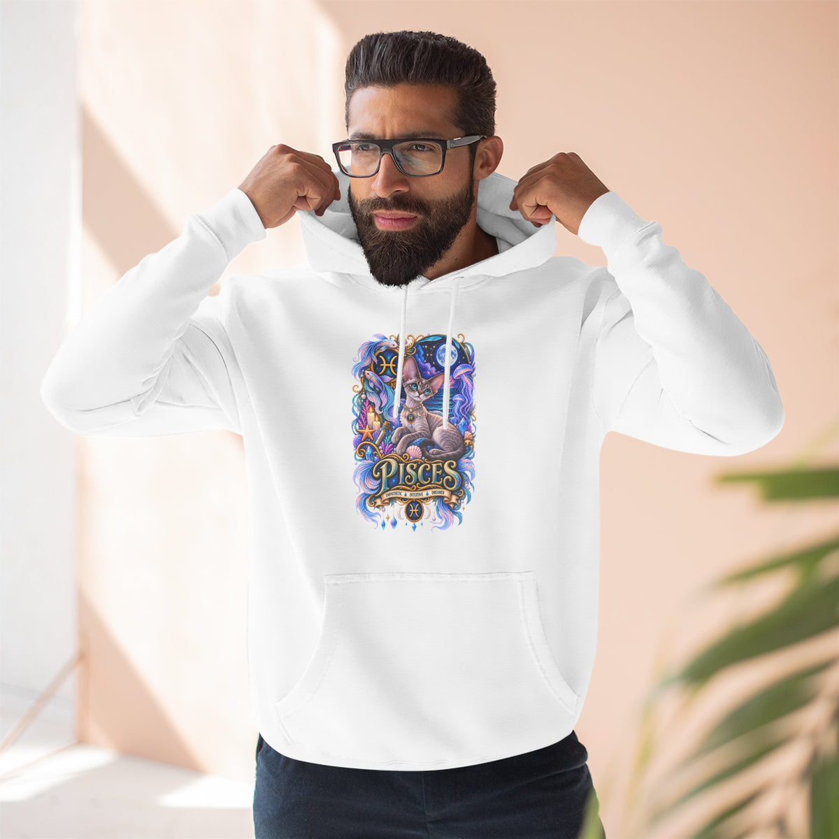 Pisces Zodiac Devon Rex Cat Hoodie — Mystical Watercolor Fish Astrology Pullover