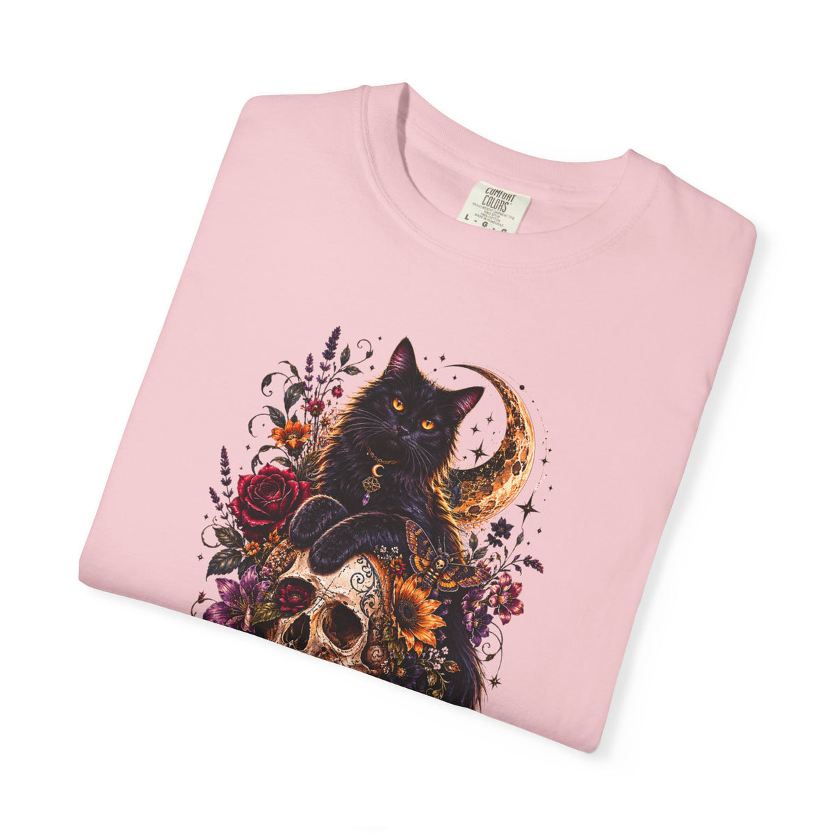 Cat & Skull Gothic T-Shirt — Black Cat Moon Floral Graphic Tee