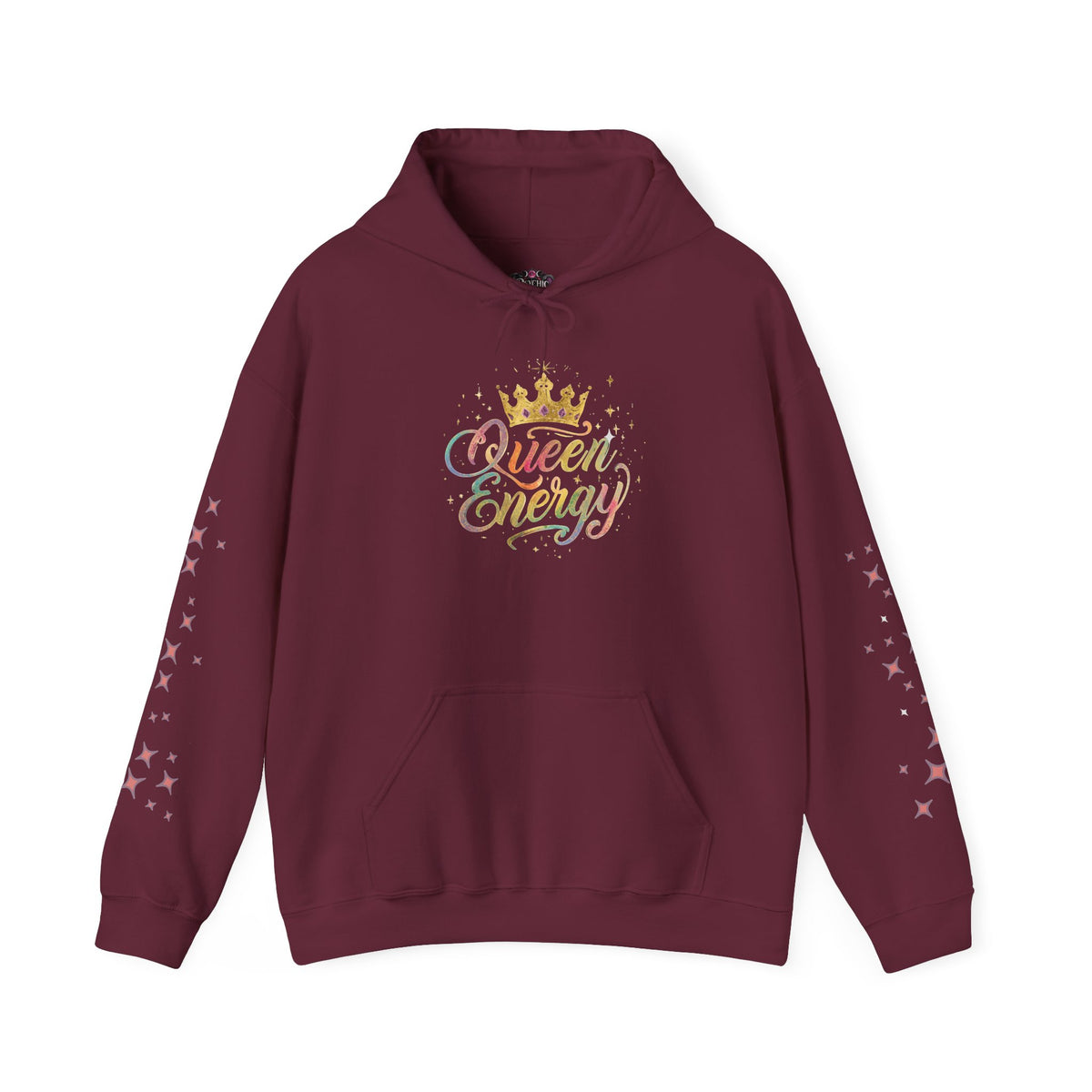 Queen Energy Hoodie — Feminine Crown Graphic Pullover with Star Sleeve Accents