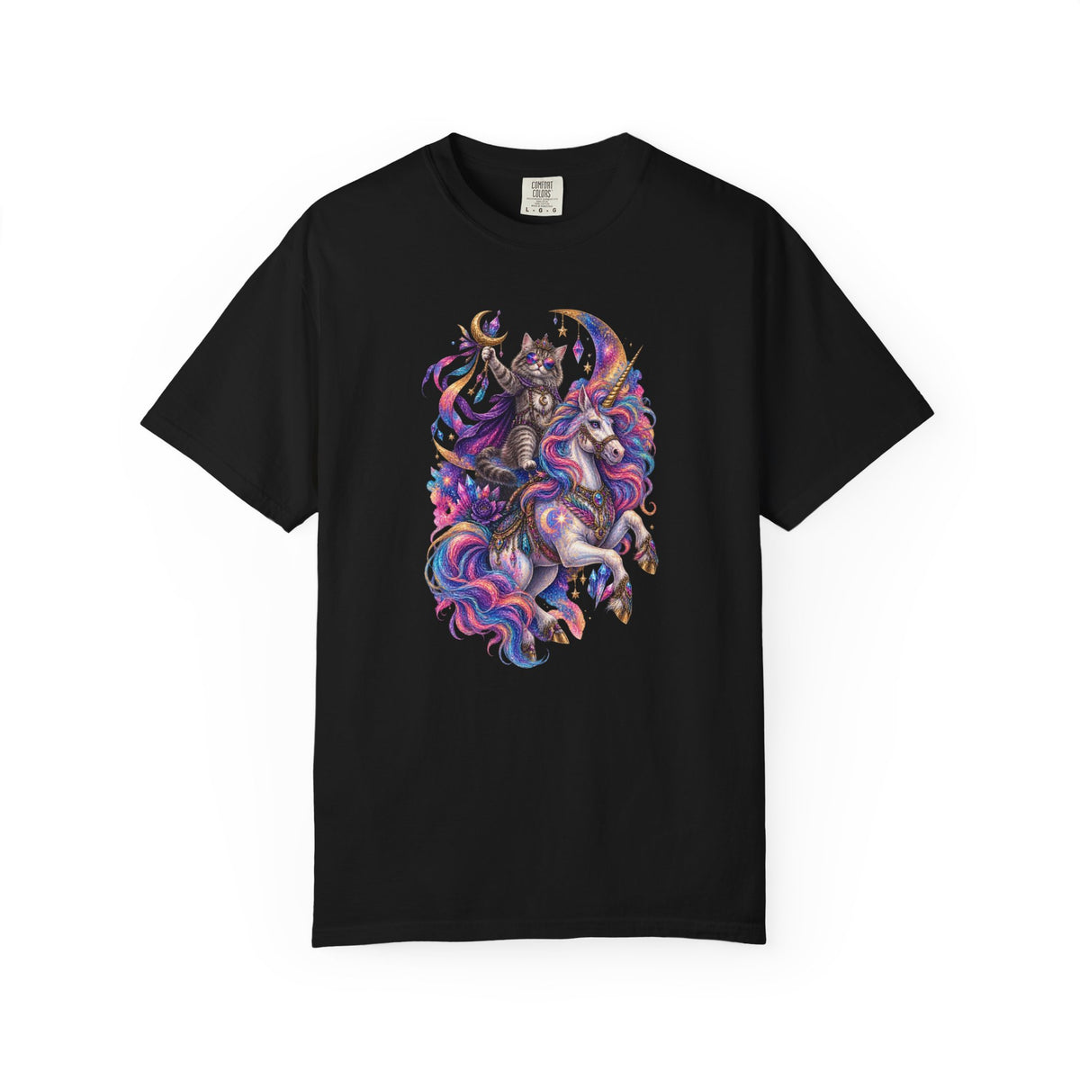 Cat Riding a Mystical Unicorn Horse Graphic T-Shirt — Colorful Cosmic Mane Art Tee