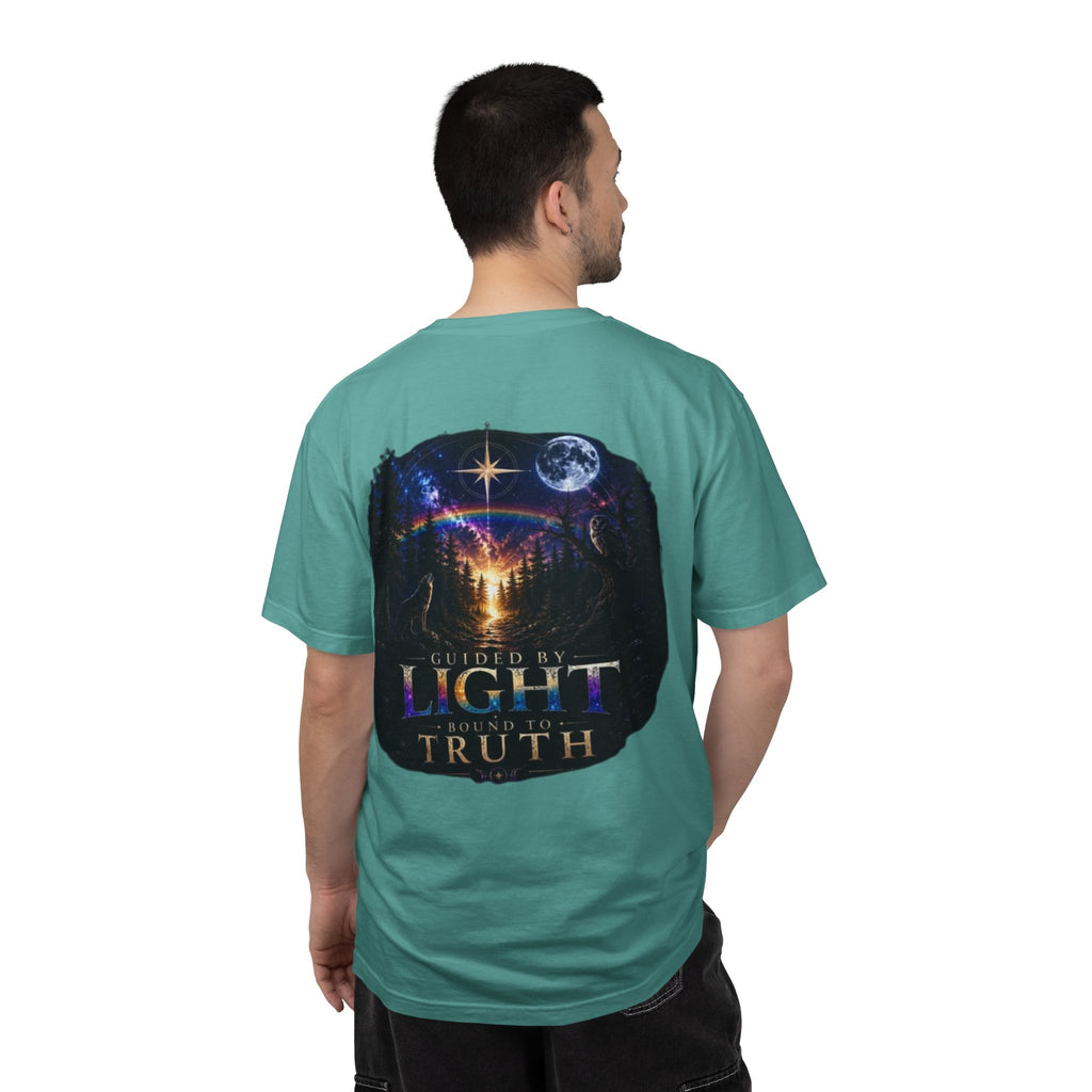 T-Shirt — "Guided by Light, Bound to Truth" Cosmic Forest Graphic