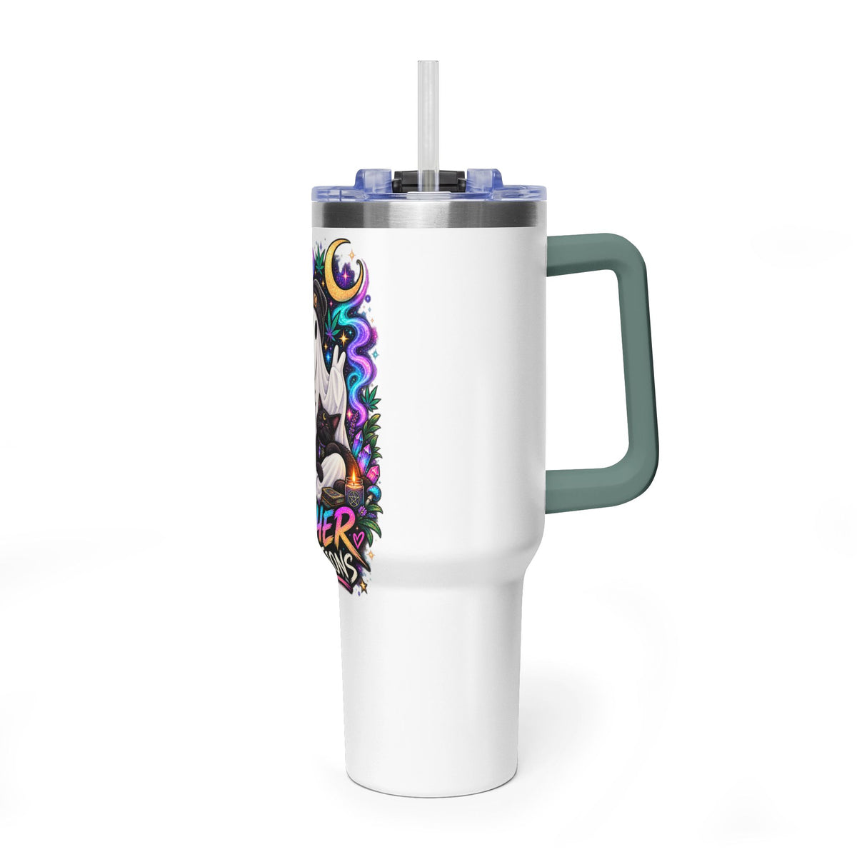 40oz Tumbler — "Higher Vibrations" Ghost & Cat Thermal Travel Mug