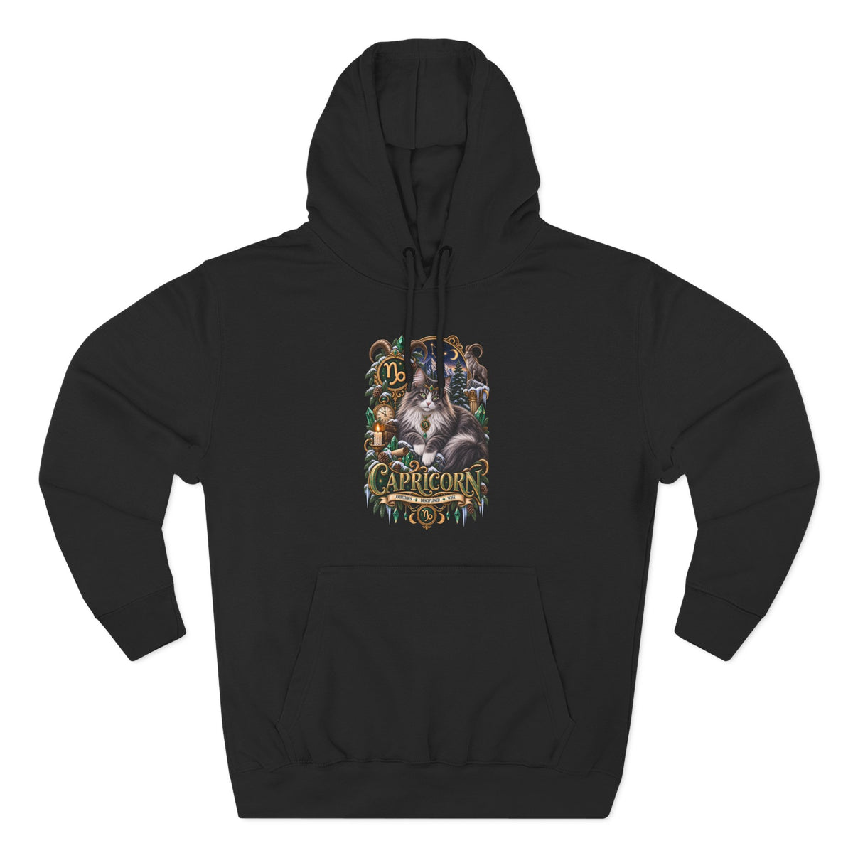 Capricorn Norwegian Forest Cat Zodiac Graphic Hoodie — Mystic Goat Astrology Sweatshirt