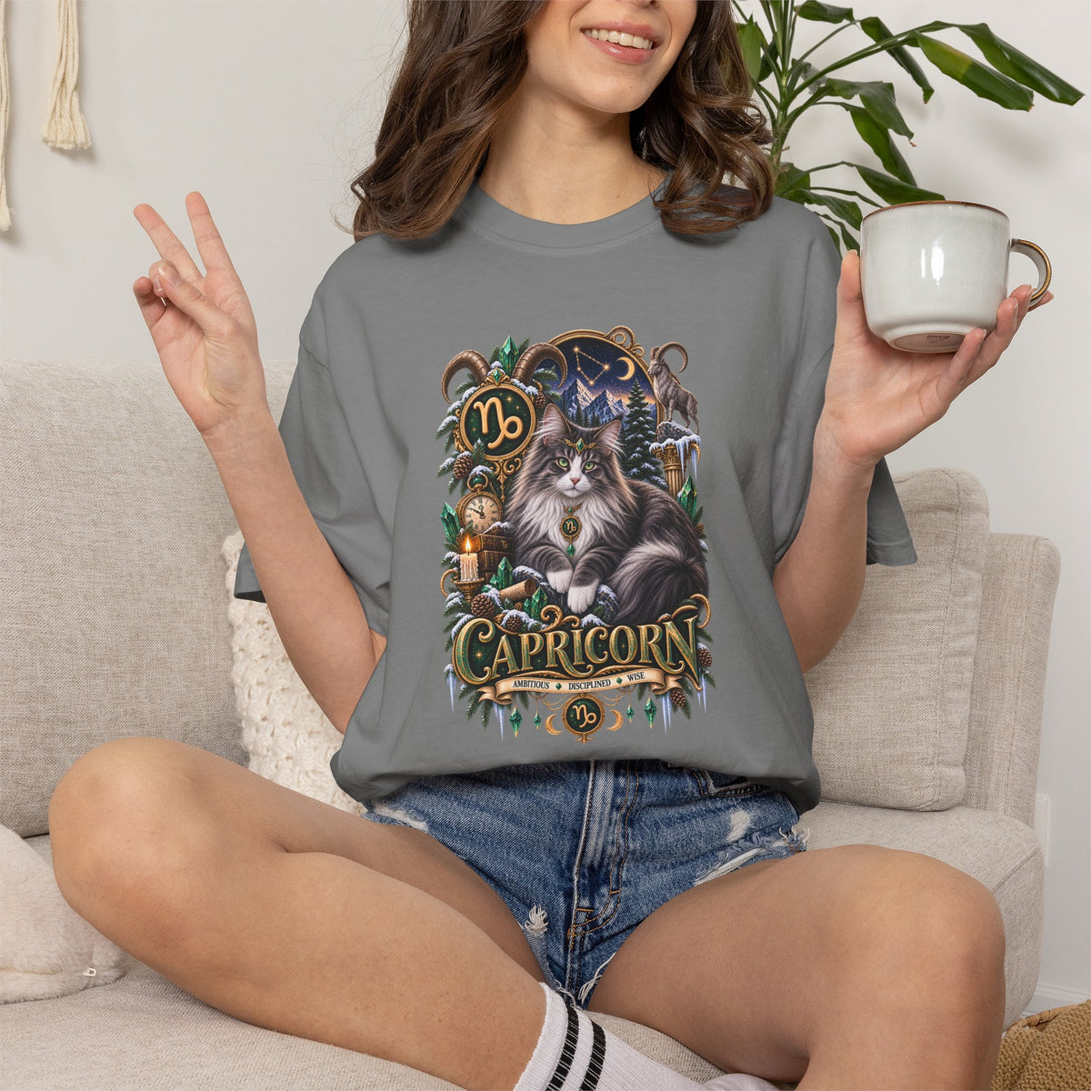 Capricorn Zodiac Norwegian Mountain Cat T-Shirt — Astrological Horoscope Tee