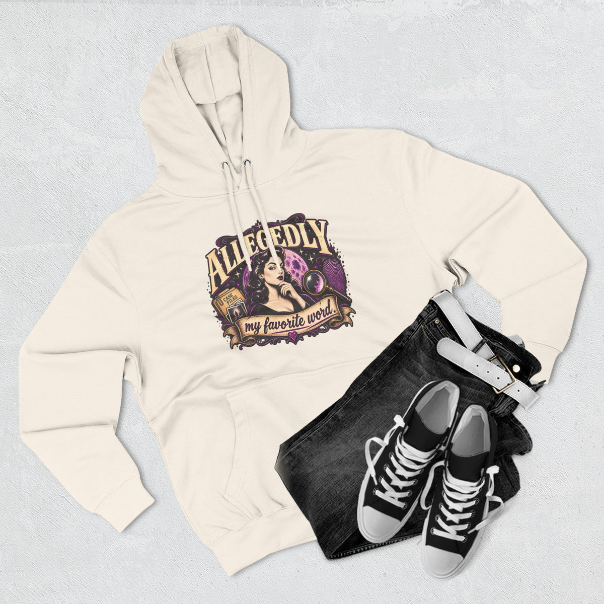 Hoodie — "Allegedly My Favorite Word" Retro Witch Graphic
