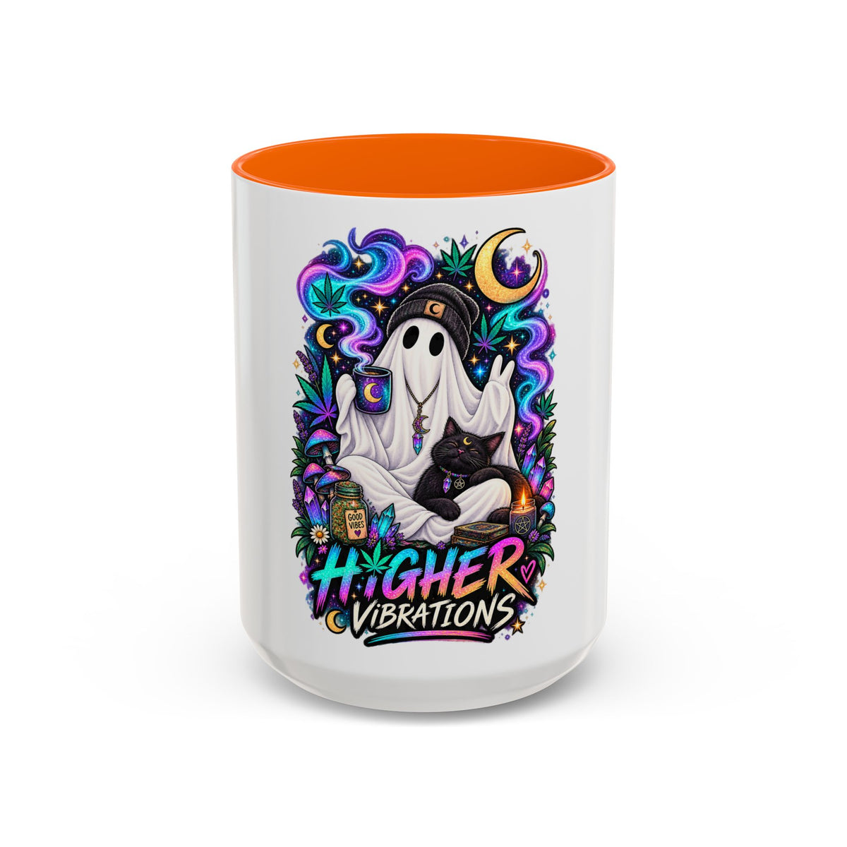 Higher Vibrations Coffee Mug — Cute Ghost & Cat Accent Mug (11/15 oz)