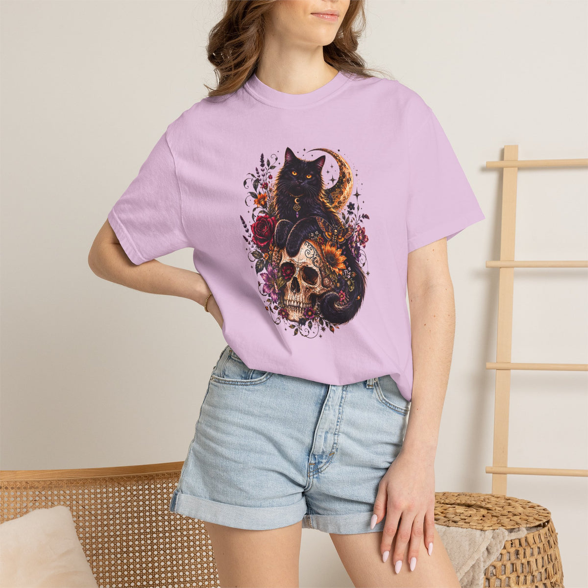 Cat & Skull Gothic T-Shirt — Black Cat Moon Floral Graphic Tee