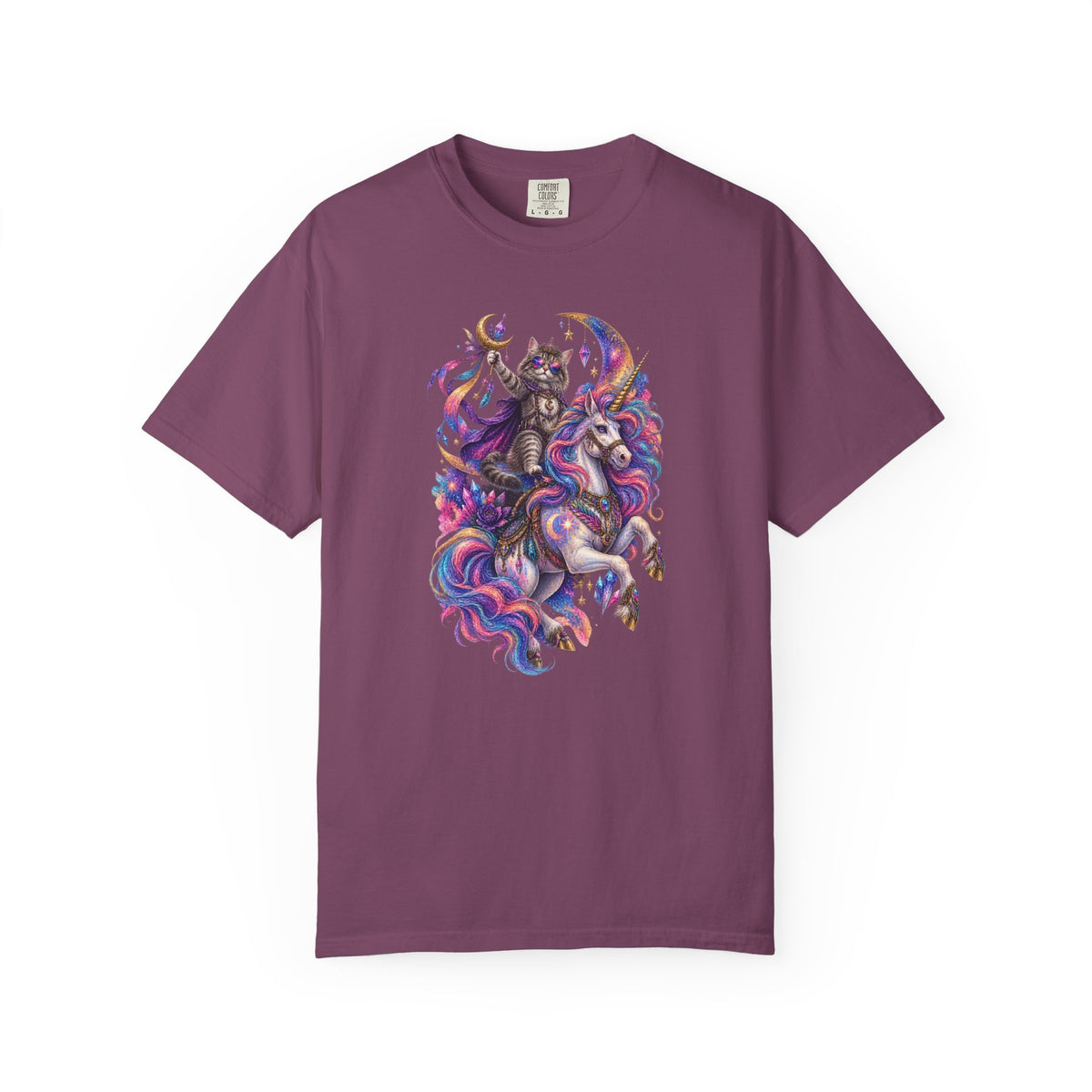 Cat Riding a Mystical Unicorn Horse Graphic T-Shirt — Colorful Cosmic Mane Art Tee