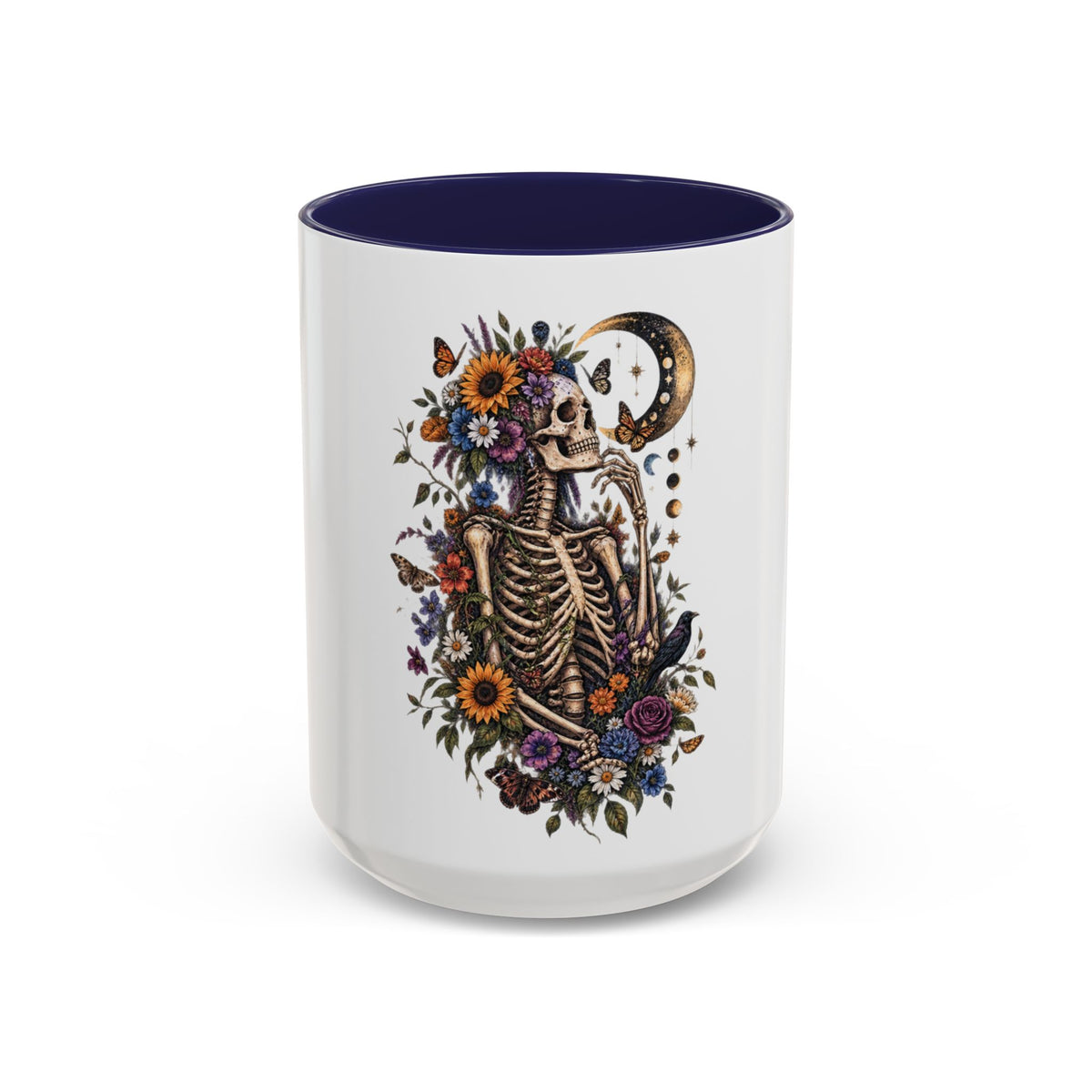 Skull & Moon Floral Coffee Mug — Gothic Botanical Accent Mug