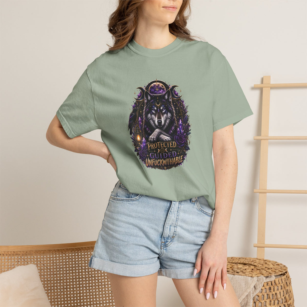 Protector Wolf T-Shirt — "Protected, Guided, Unfuckwithable" Spiritual Graphic Tee