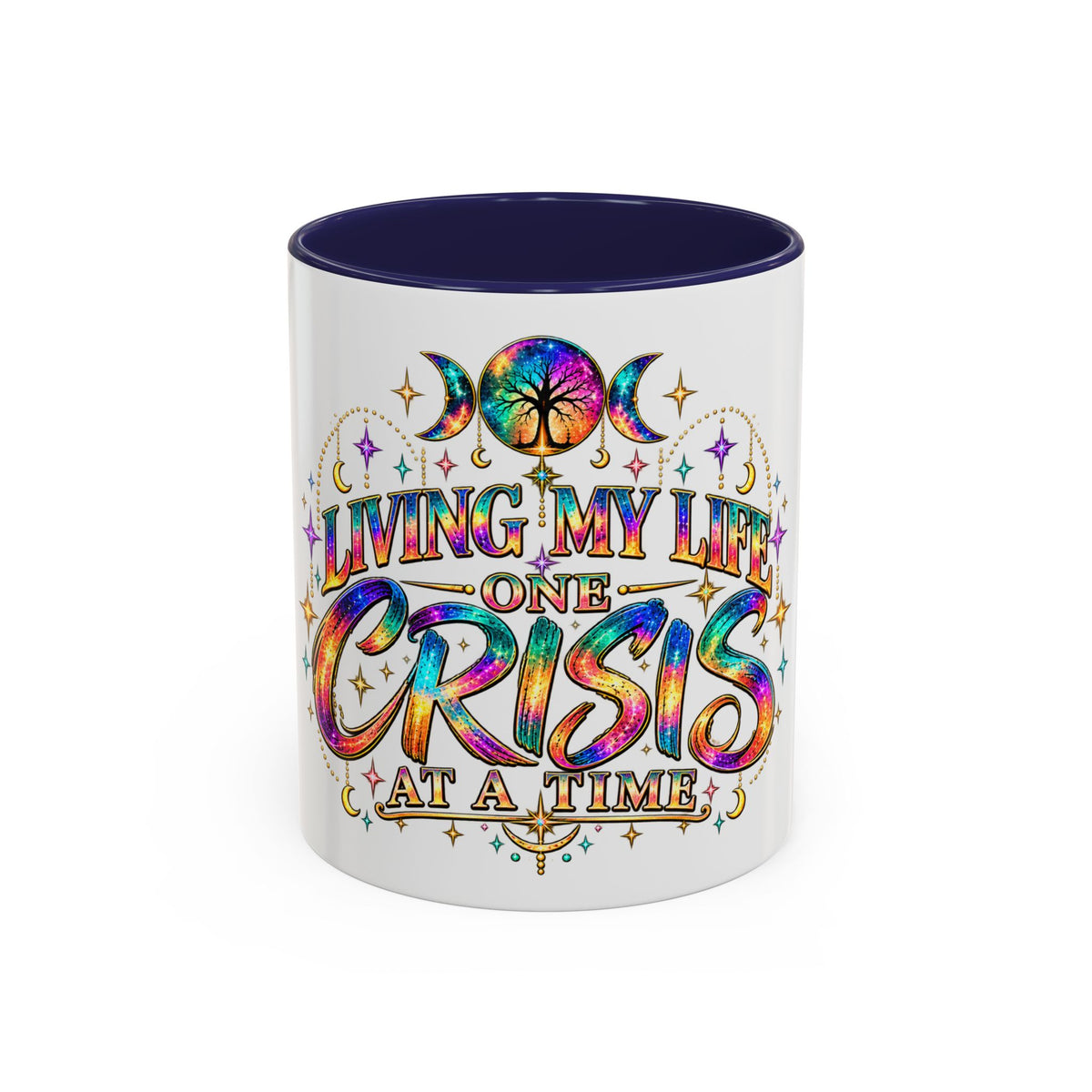 Coffee Mug — "Living My Life One Crisis at a Time" Colorful Boho Accent Mug (11/15oz)